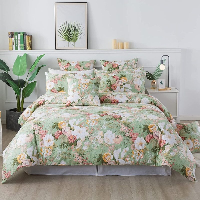 Blommigt Påslakanset För Flickor 100 % Bomull Elegant Gröna Och Vita Blommor Sängöverdrag Med Kuddar