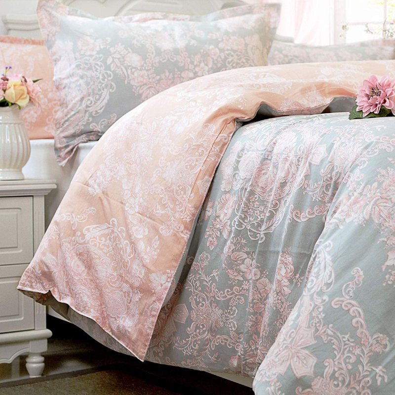 Blush Pink Girls Sängkläder Set 100% Bomull Damast Blommor Dragkedja Påslakan Set