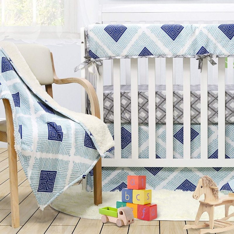 Boho Rutig Spjälsäng Sängset För Pojkar Blå Baby Sängkläder Set 100 % Mjuk Bomull Hypoallergen Och Andas 3 Delar