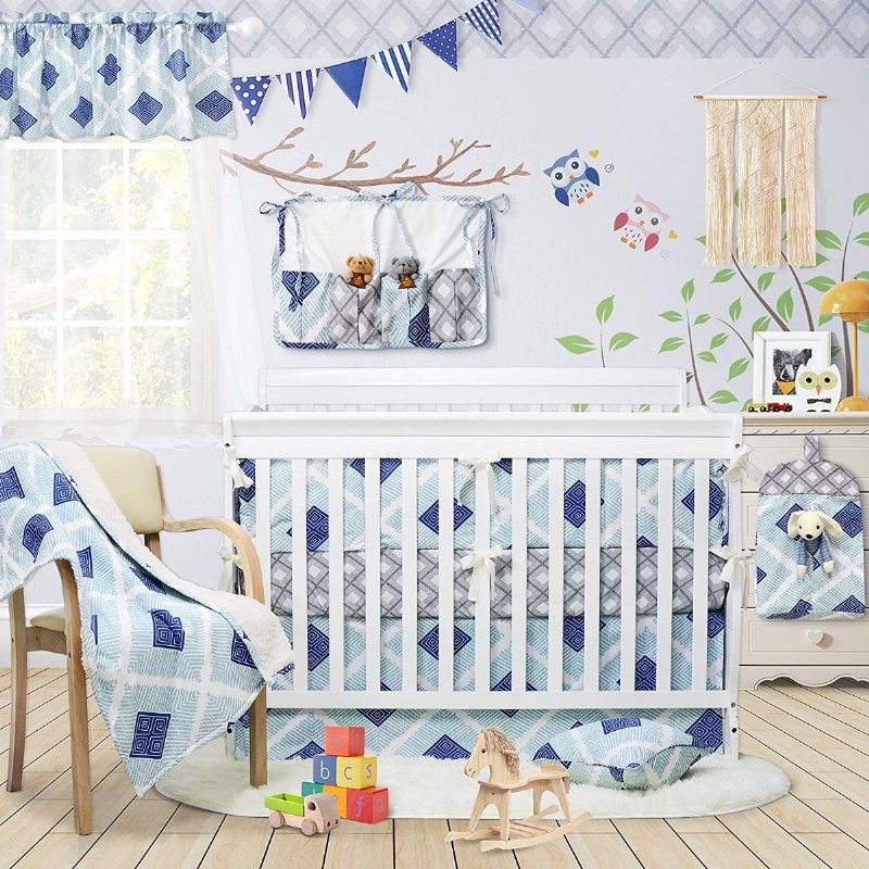 Boho Rutig Spjälsäng Sängset För Pojkar Blå Baby Sängkläder Set 100 % Mjuk Bomull Hypoallergen Och Andas 3 Delar