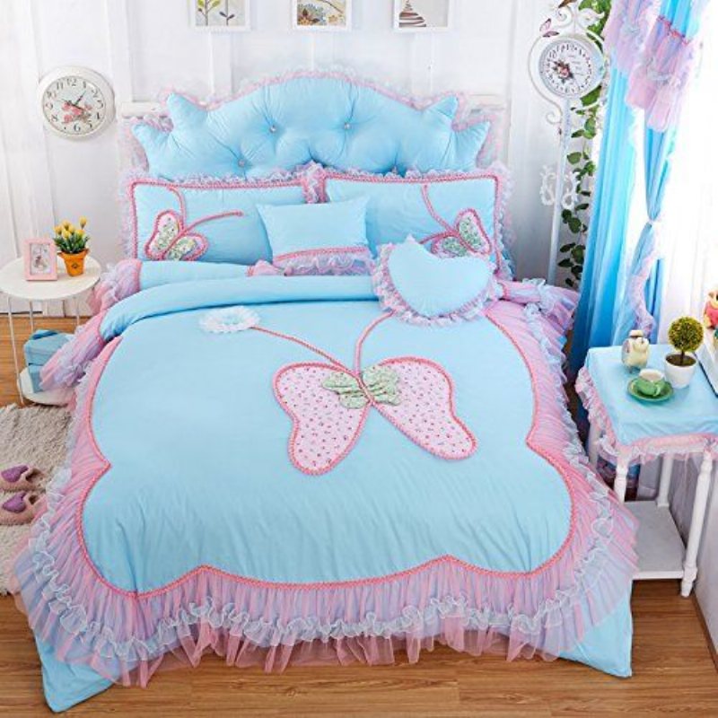 Butterfly Print Sängkläder Set Volanger Flickor Princess Bomull Påslakan Set Queen 4st