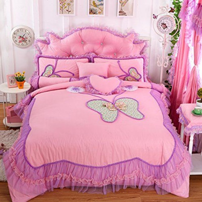 Butterfly Print Sängkläder Set Volanger Flickor Princess Bomull Påslakan Set Queen 4st