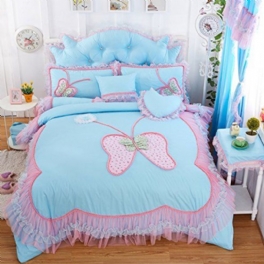 Butterfly Print Sängkläder Set Volanger Flickor Princess Bomull Påslakan Set Queen 7st