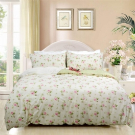 Elegant Och Shabby Rosa Rosetttryck Guld Rustikt Grönt Rutnät Farmhouse 100 % Bomull Påslakanset Allergivänligt Med Dold Dragkedja 3-delar