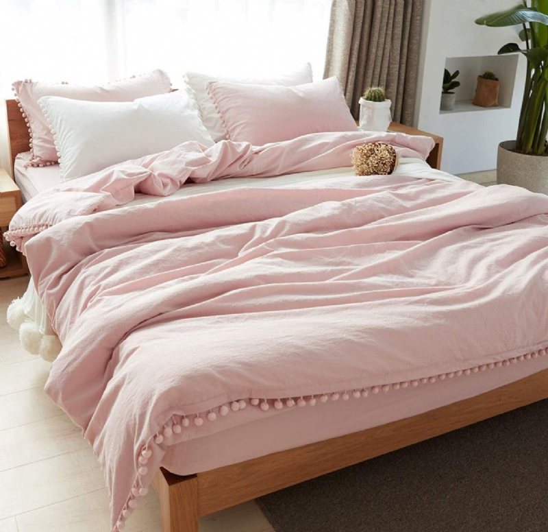 Enfärgad Rosa/vit Pom Pom Sängkläder Set Bohemian Boho Påslakan Set Baby Tonåring Flickor Set 3 St 100% Tvättad Bomull