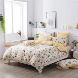 Fadfay Elegant Daisy Påslakanset 100 % Bomull Vändbart Rutnätsöverdrag Gult Och Vitt Blommigt Sängkläder Med Dold Dragkedja 3 Delar 1 Påslakan & 2 Örngott