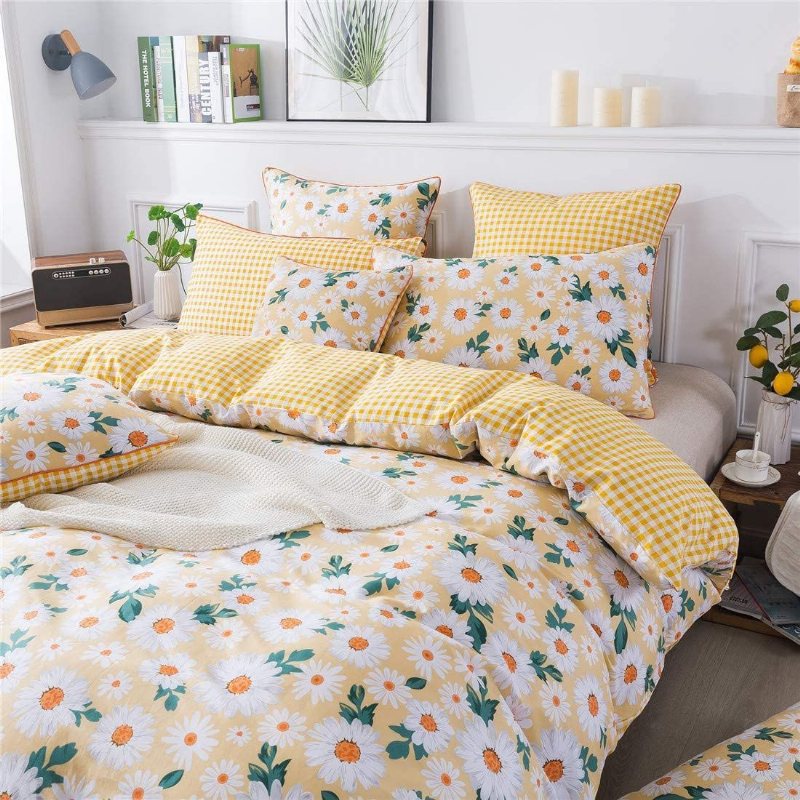 Fadfay Elegant Daisy Påslakanset 100 % Bomull Vändbart Rutnätsöverdrag Gult Och Vitt Blommigt Sängkläder Med Dold Dragkedja 3 Delar 1 Påslakan & 2 Örngott