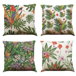 Fågel Och Blomma Kuddfodral Vårlöv Landsbygd Handmålad Stil Hemsoffa Dekorativ 18x18 Tum Paket Med 4