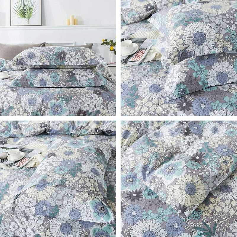 Farmhouse Blommig Sängkläder Set 3 Styck Olika Blommor Tryckta Påslakan Set 100% Tvättad Bomull Elegant