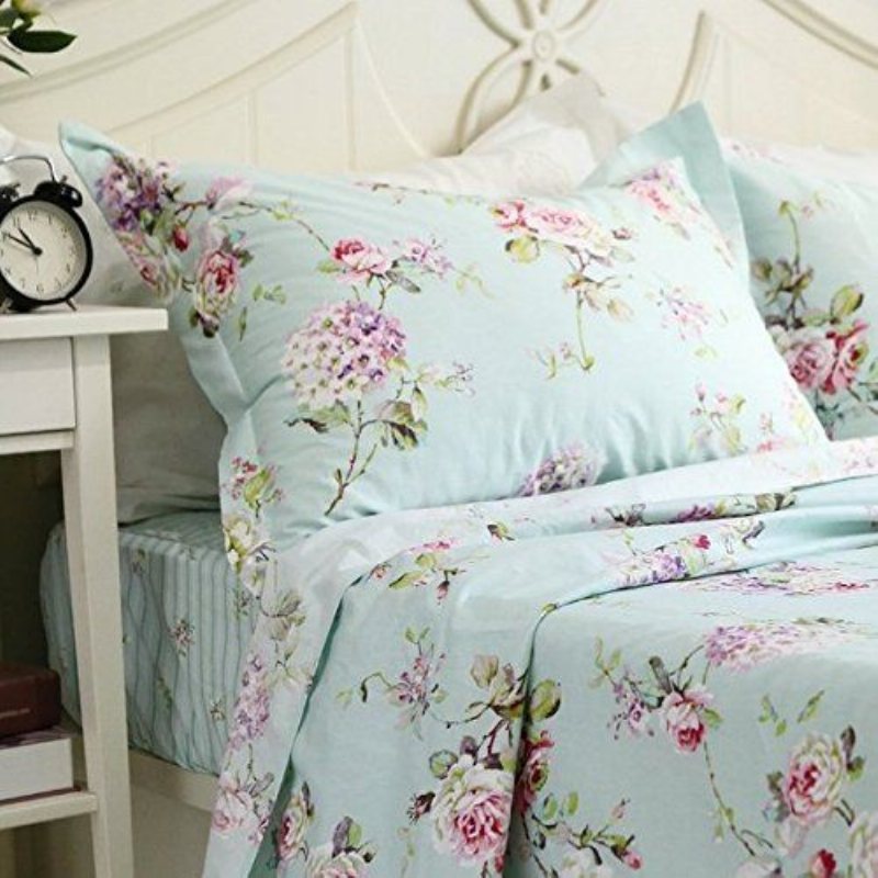 Farmhouse Sänglakan Set 100% Bomull Rose Och Hortensia Blue Floral Deep Pocket Fitted Lakan Set 4-delar