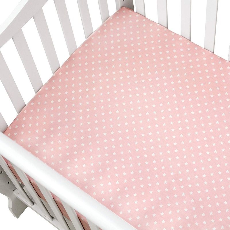 Flicka Spjälsäng Lakan Vintage Fitted Chic Blush Rosa 100% Bomull Mjukt Baby Sweet Star Tryckt