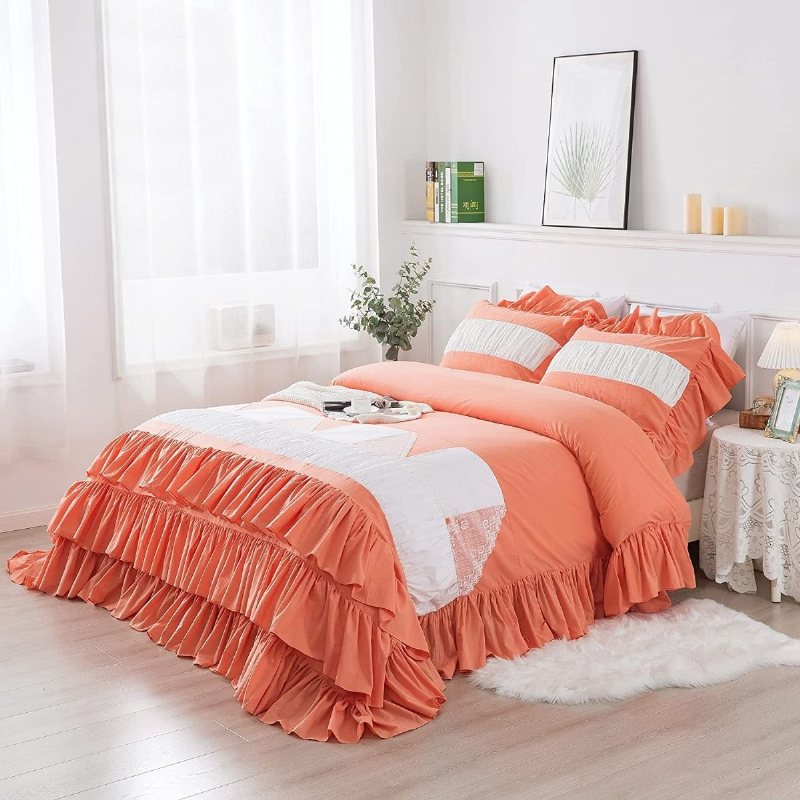 Girls Princess Sängkläder Set 3 Lager Korall Orange Volang Med Vit Spets Och Veckad Patckwork Design Påslakan Set