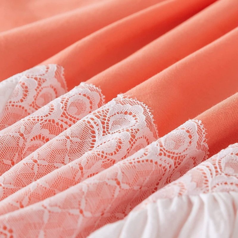 Girls Princess Sängkläder Set 3 Lager Korall Orange Volang Med Vit Spets Och Veckad Patckwork Design Påslakan Set