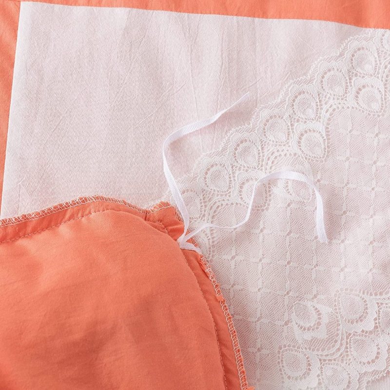 Girls Princess Sängkläder Set 3 Lager Korall Orange Volang Med Vit Spets Och Veckad Patckwork Design Påslakan Set