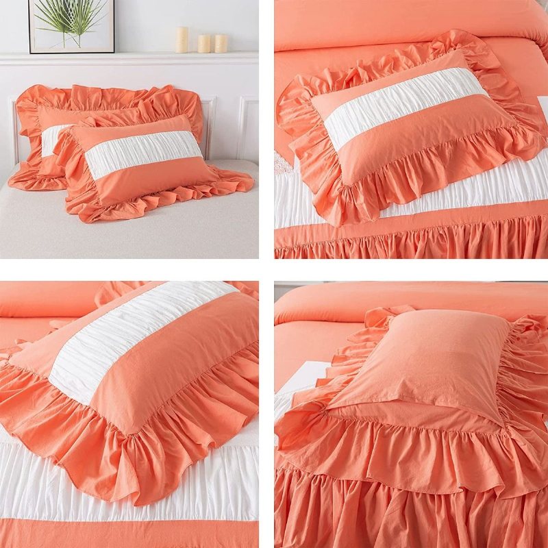 Girls Princess Sängkläder Set 3 Lager Korall Orange Volang Med Vit Spets Och Veckad Patckwork Design Påslakan Set