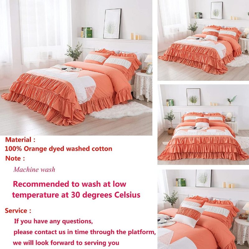 Girls Princess Sängkläder Set 3 Lager Korall Orange Volang Med Vit Spets Och Veckad Patckwork Design Påslakan Set