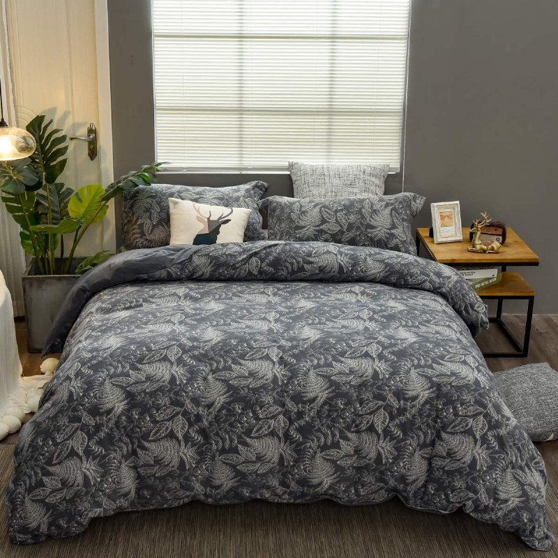 Grå Sängkläder Set Twin Påslakan 3st Vintage Och Farmhouse Jacquard Tropical Plam Leaves 100% Tvättad Bomull 800 Trådantal Grå Och Vit