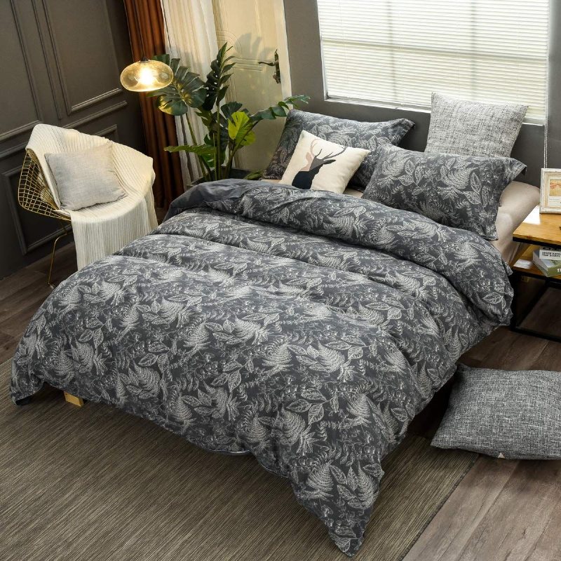 Grå Sängkläder Set Twin Påslakan 3st Vintage Och Farmhouse Jacquard Tropical Plam Leaves 100% Tvättad Bomull 800 Trådantal Grå Och Vit