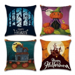 Halloween Kuddfodral Linne Pumpa Och Katt Happy Fyrkantig Säckväv Dekorativ 18x18 Tum 4st