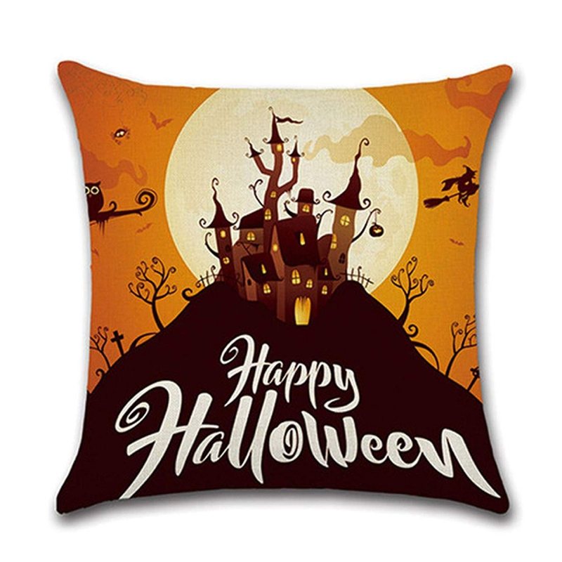 Halloween Kuddfodral Linne Pumpa Och Katt Happy Fyrkantig Säckväv Dekorativ 18x18 Tum 4st