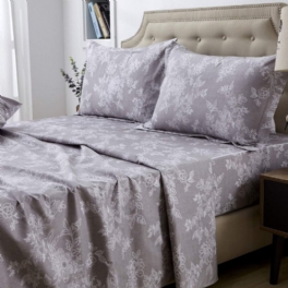 Lakanset Farmhouse Sängkläder Shabby Blommor Vintage Grå 100 % Bomull Super Mjuk Allergivänlig Grå Och Vit Lakan Med Djup Ficka 4-delat