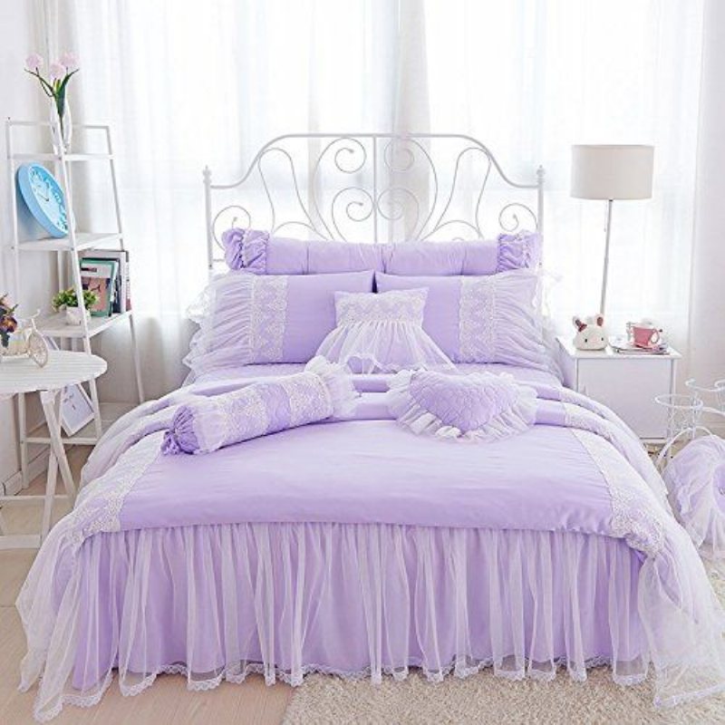 Lyx Princess Girls Sängkläder Set Vit Spets Rufsig Påslakan Set 4st Queen