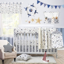 Nautical Baby Sängkläder Set För Pojkar Sail Away Ocean Anchor Tryckt Nursery Crib Set Med Bumper Marinblå Och Vit