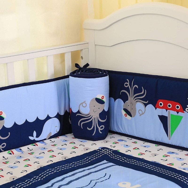 Nautical Spjälsäng Sängkläder Set Med Stötfångare Marinblå Baby Boy Nursery Ocean Whale Ankare Tryckt 7st