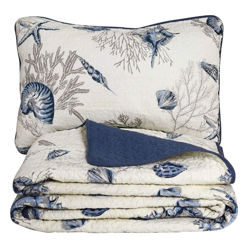 Ocean Täcken Set 100% Bomull Lättvikts Quilt Set Coverlet Set Navy Coastal 2-delad