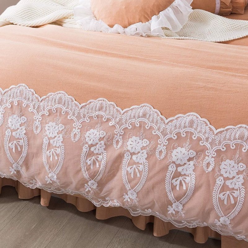 Orange Färg Tjejer Sängkläder Set 100% Tvättad Bomull Spets Dekoration Påslakan Set