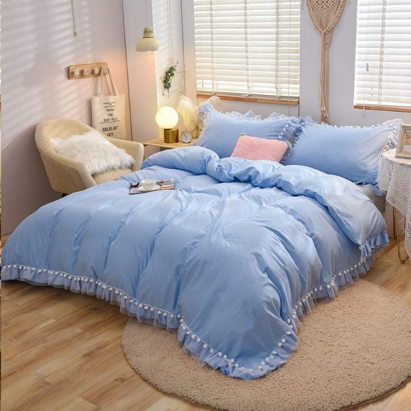 Pom Pom Påslakan Set Elegant Chic Boho Volanger Sängkläder Set 3 Styck 100% Bomull Solid Volang Utsmyckat Täcken Överdrag Set 1 Dolda Blixtlås & 2 Örngott