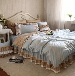 Princess Cotton Lace Sängkläder Set Blue Gingham Sovrumsset 6-delat