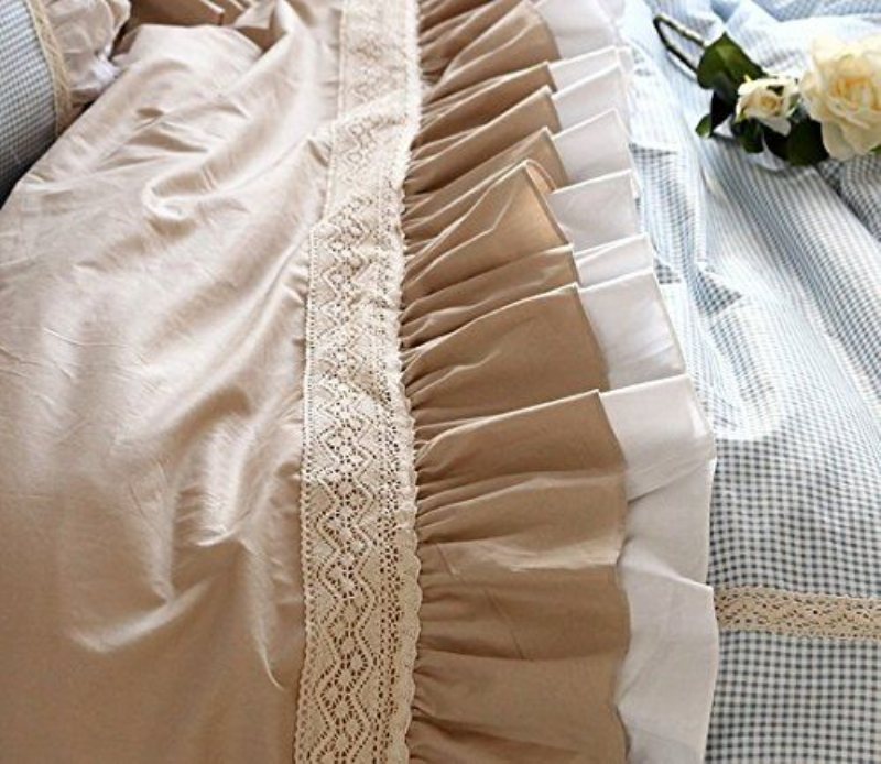 Princess Cotton Lace Sängkläder Set Blue Gingham Sovrumsset 6-delat