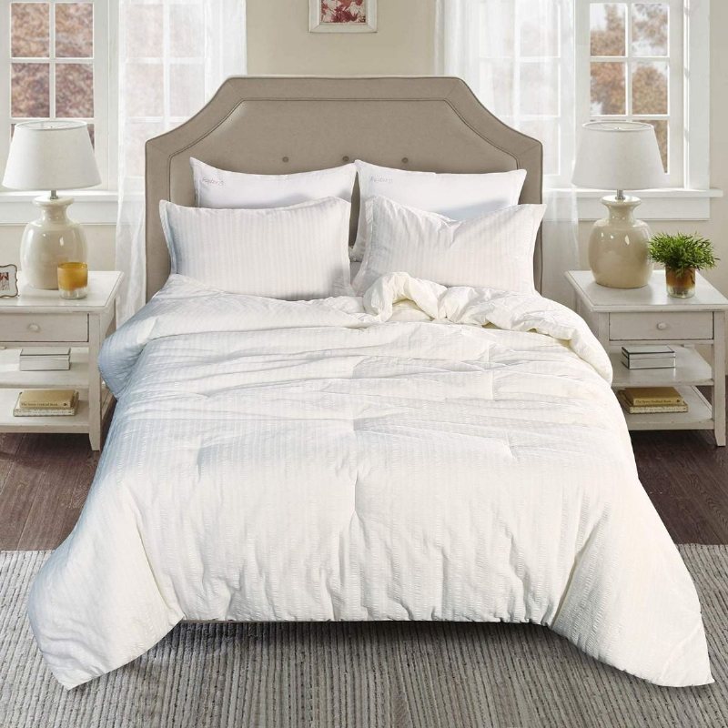 Queen Size Lyxig Vit Seersucker Täcken Set 100% Bomull 3 Styck Mjuk Ganska Estetiskt Lätt Quilt Set