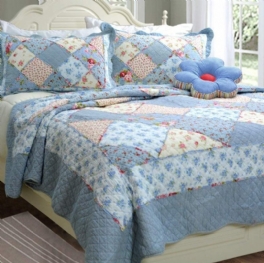 Queen Size Shabby Blue Floral Patchwork Täcken Set Bomullstäcken Set