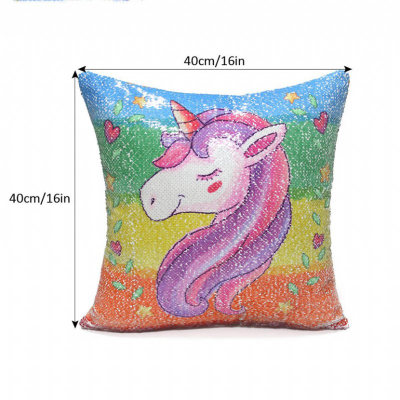 Rainbow Paljetter Unicorn Kuddfodral 40x40cm Dekorativt Sjöjungfrukuddfodral För Soffa Vändbar Pi