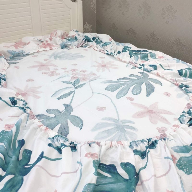 Sommar Shabby Lakan Set Rosa Blommor Och Fräschade Löv 100% Högkvalitativ Bomull Hypoallergena Djupa Ficka 4 Delar För Sovsal