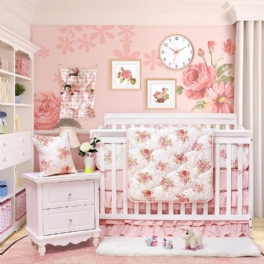 Spjälsängsset För Flickor Blush Blommor Babysängkläder Lyxiga Princess Nursery Sängkläder 100 % Egyptisk Bomull
