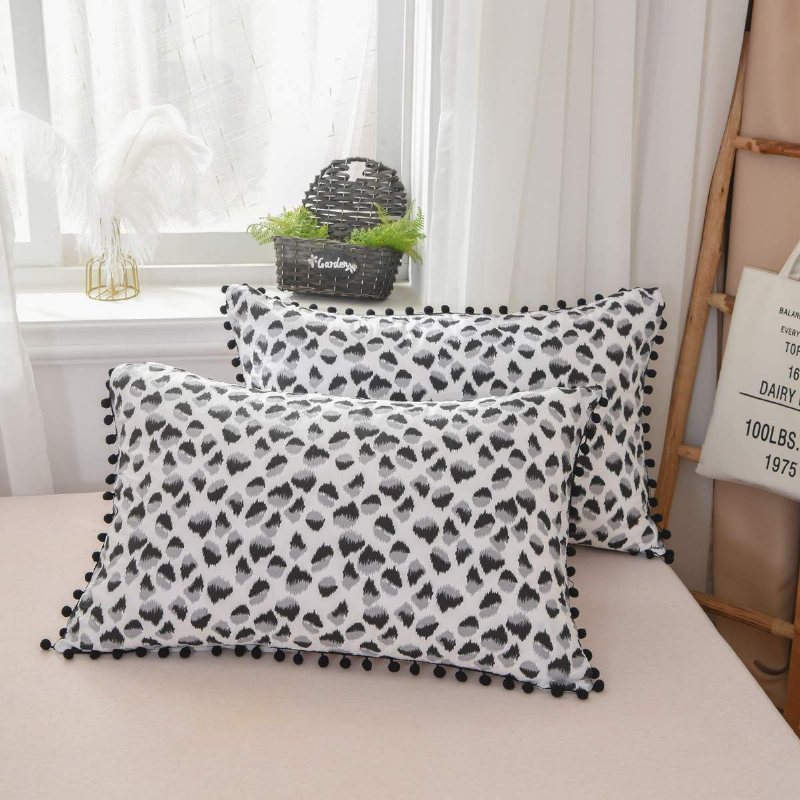 Svart Och Vitt Leopard Påslakan Set 3 Styck Pom-fringe Modern Sängkläder Set 100 % Ren Bomull Pojkar Tonåringar Flickor Barn