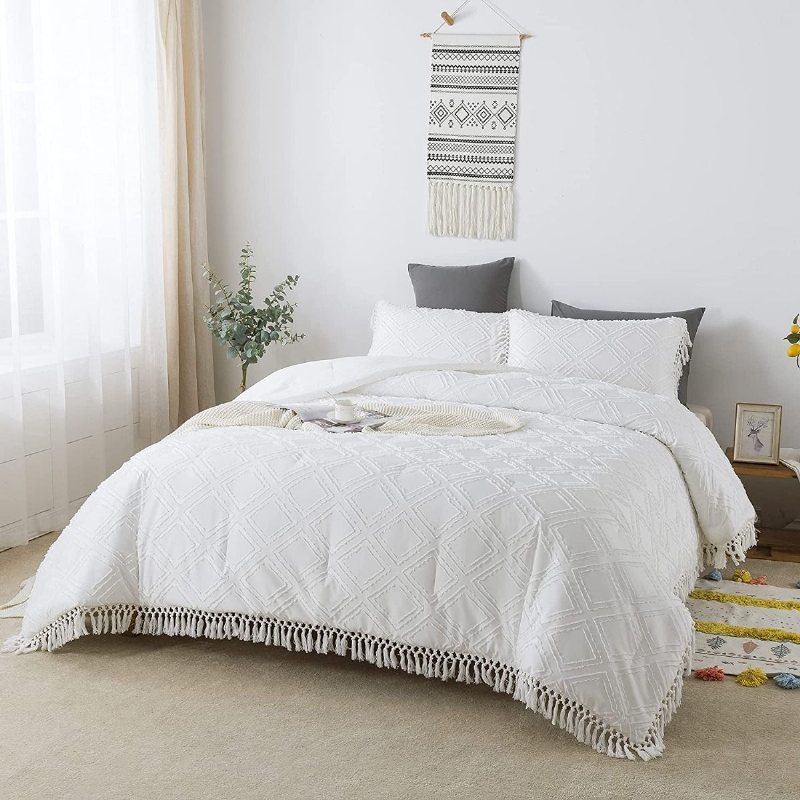 Tofsad Romb Tofs Fransad Design Bohemisk Täcken Set Queen Size Girl's White Sängkläder Set Quilt Med Örngott