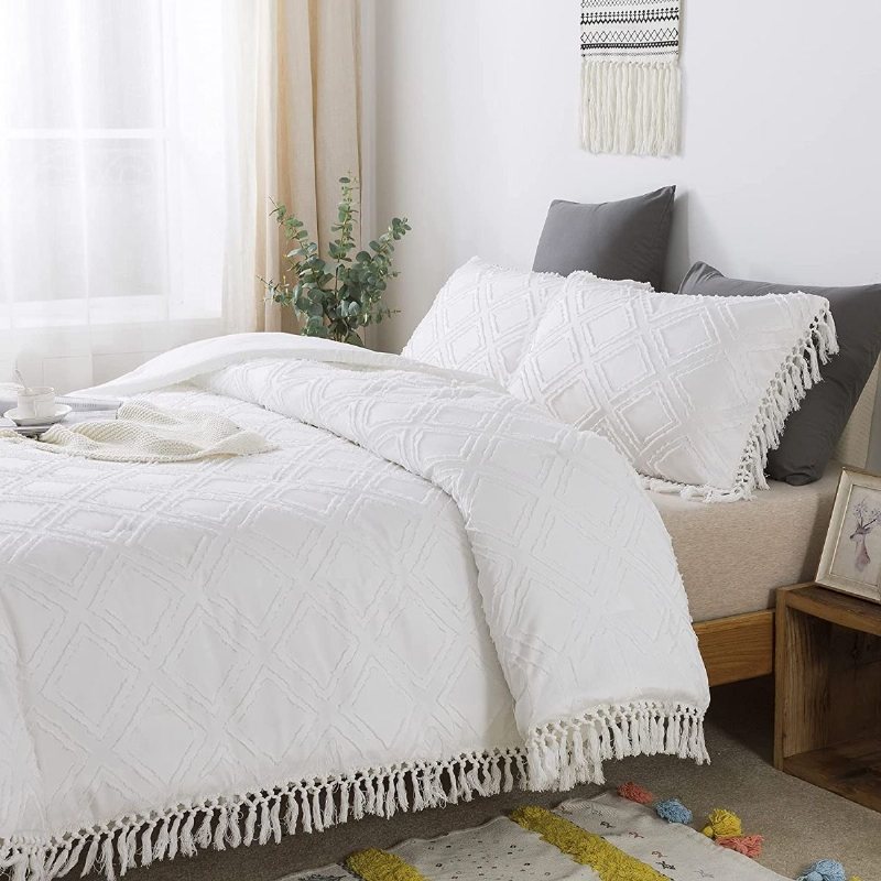 Tofsad Romb Tofs Fransad Design Bohemisk Täcken Set Queen Size Girl's White Sängkläder Set Quilt Med Örngott