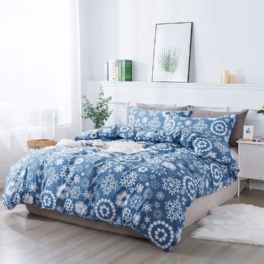 Vintage Boho Sängkläder Set 3 St Vit Snöflinga Mönster Blå Påslakan Set 100% Tvättad Bomull