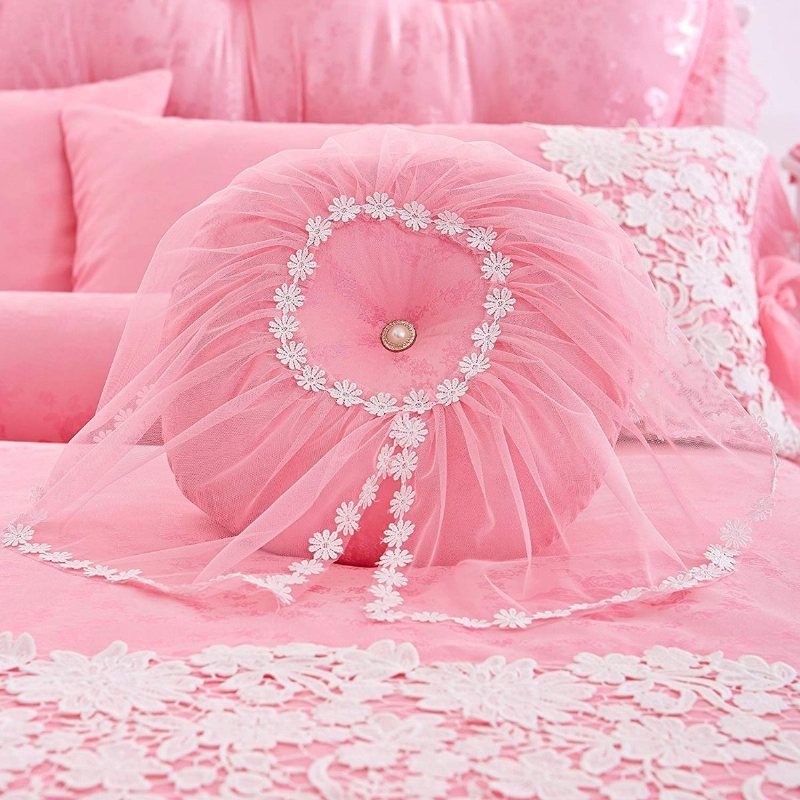 Vit Spets Rufsig Sängkläder Set Rosa Korean Princess Girls Påslakan Set Queen
