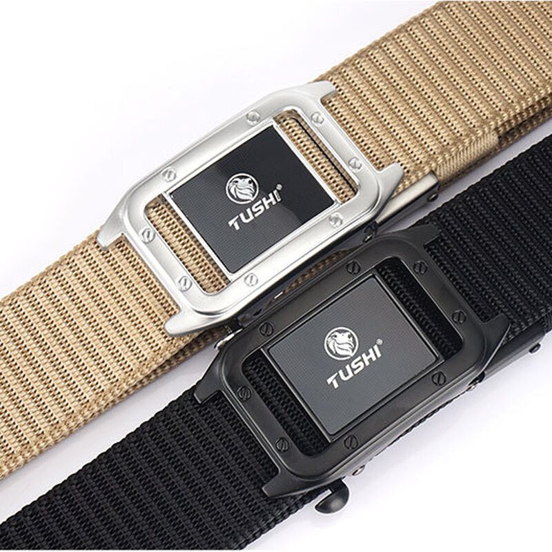 Tushi Punch Free Automatiskt Spänne Andas Nylon Midjebälten Taktiskt Bälte Fritid Metall Press Herr Midjeband