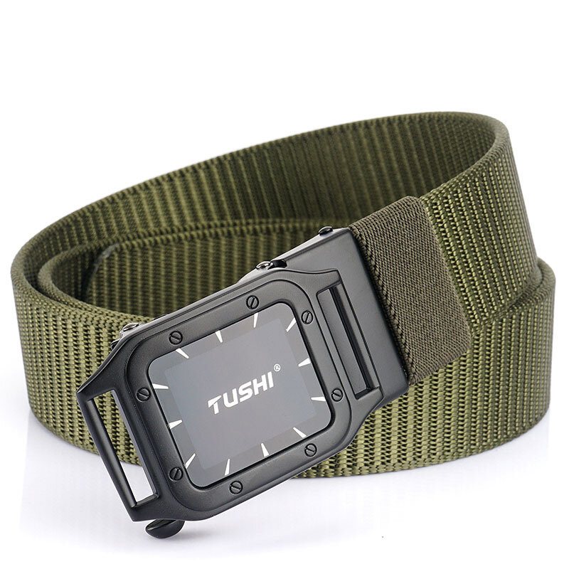 Tushi Punch Free Automatiskt Spänne Andas Nylon Midjebälten Taktiskt Bälte Fritid Metall Press Herr Midjeband