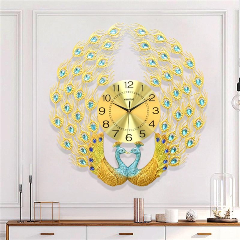 3d Kristall Lyx Påfågelklocka Kreativ Modern Konst Dekorativ Klocka Dämpad Väggkvartsklocka