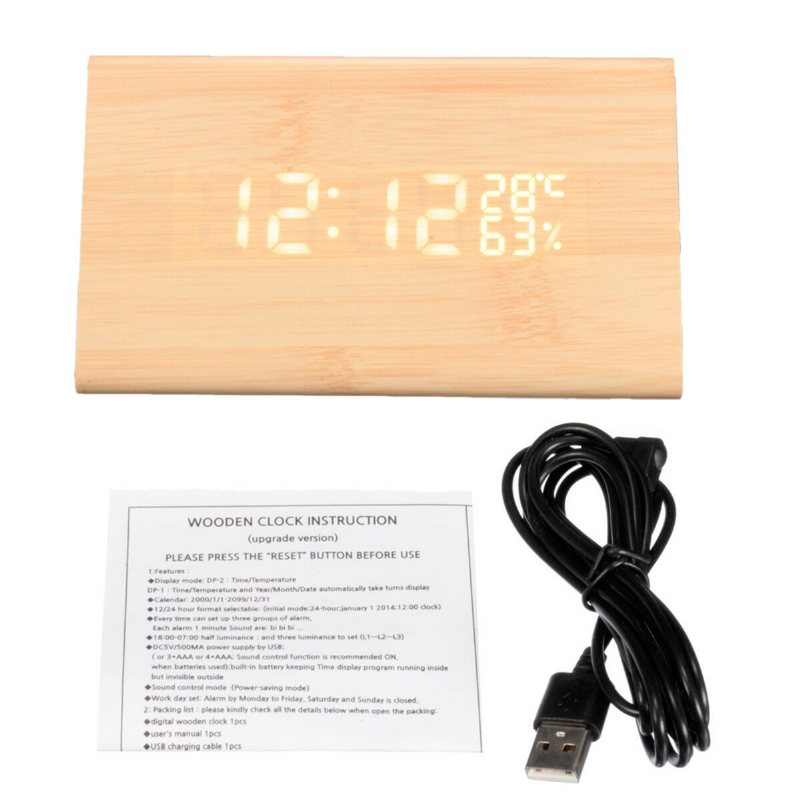 Röstaktiverad Triangelväckarklocka Fuktighet Temperaturavkänning Träbordsklocka Led Digital Display Väckarklocka
