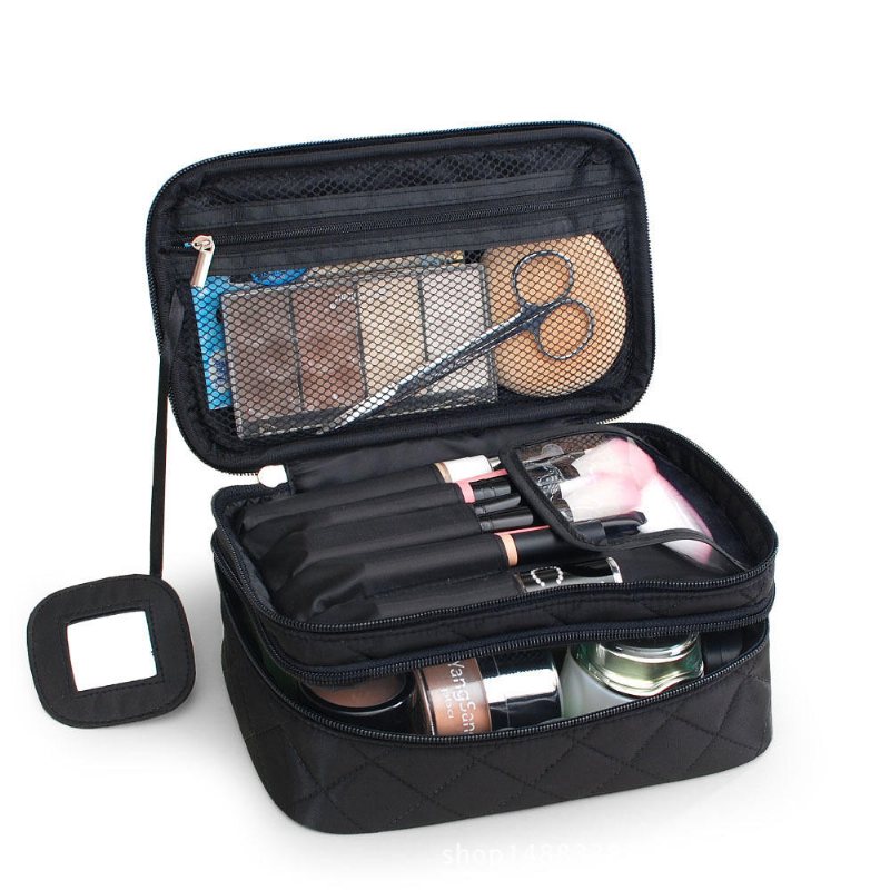 Dubbellager Nylon Dames Kosmetikaväska Vattentät Make Up Handväska Verktyg Organizer Pouch Tvätt Toalett