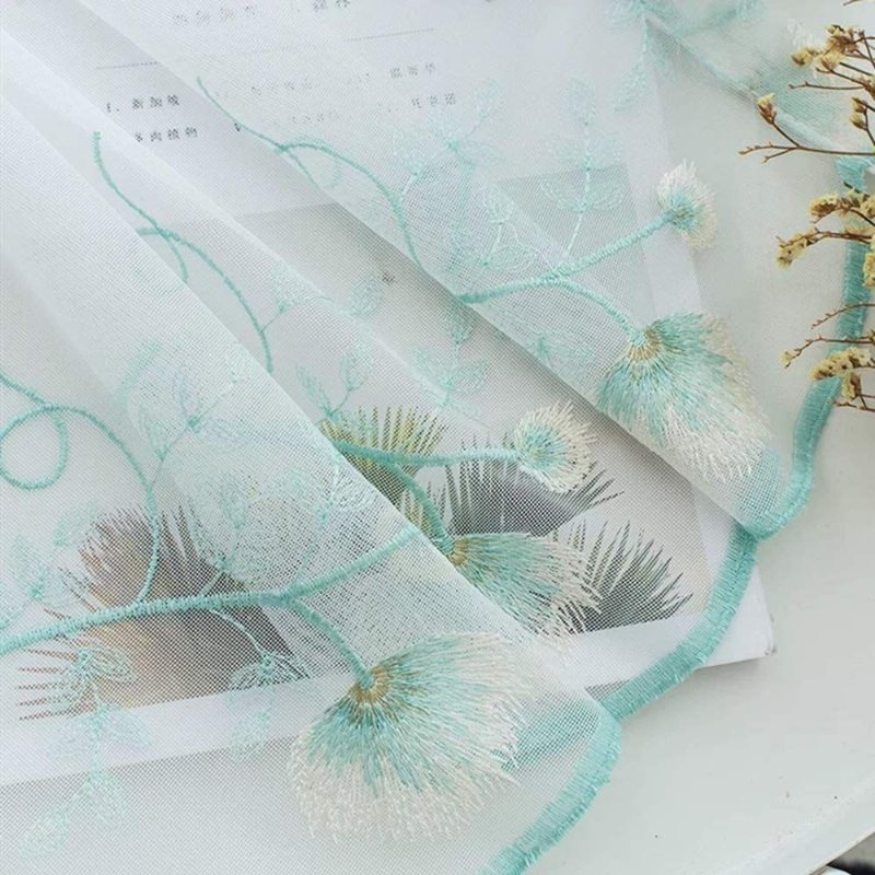 Eleganta Maskros Blommiga Broderade Halvblanka Gardiner Off White Rod Fickgardiner För Flickor Rum 2 Paneler
