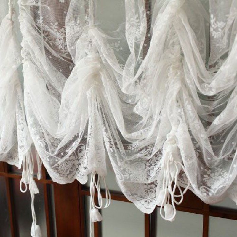 Eleganta Vita Spetsbroderade Skira Ballonggardiner Justerbar Uppbindningsgardin 1 Panel Blommiga Tyllgardiner För Fönster